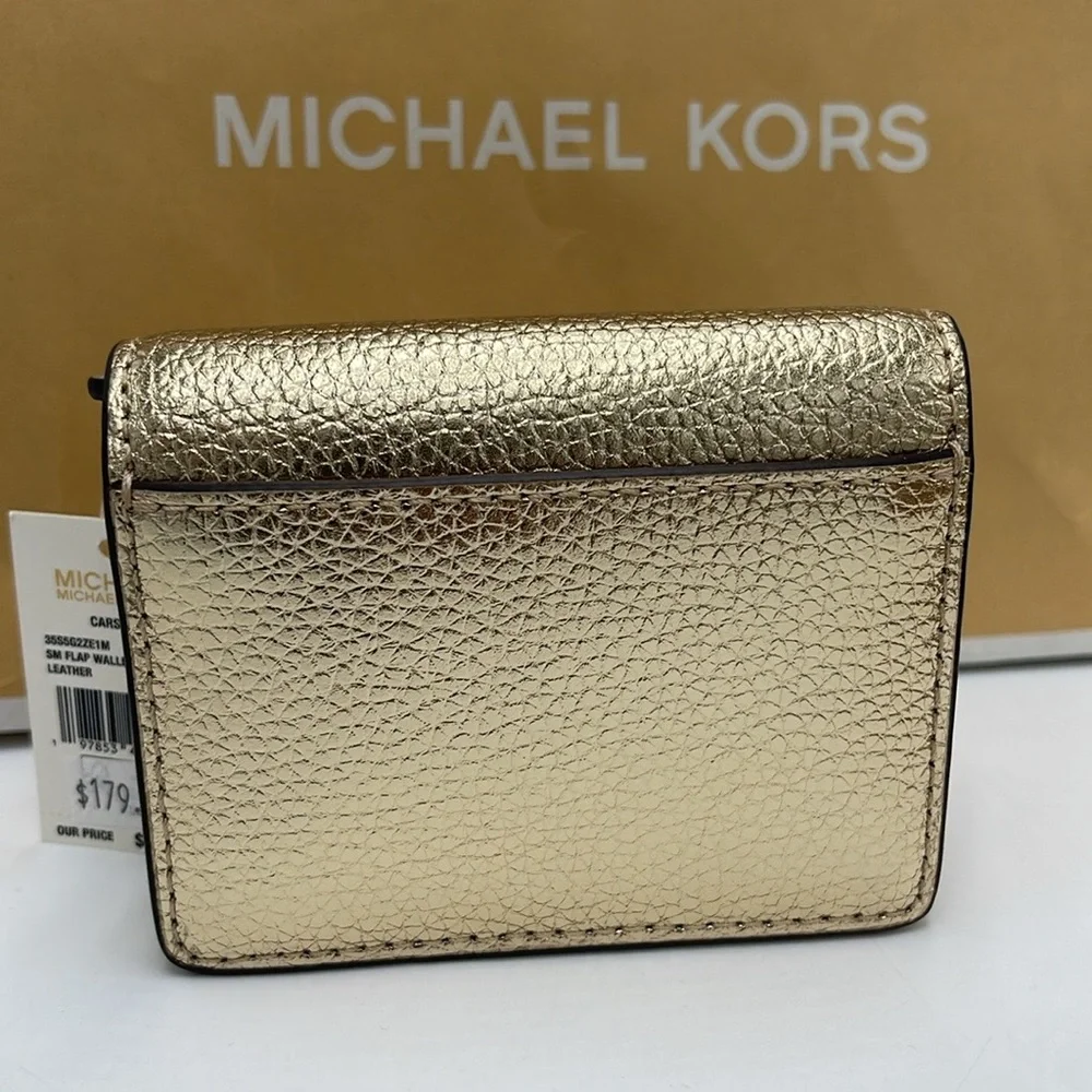 MICHAEL KORS Carson Small Metallic Pebbled Leather Wallet Pale Gold  NWT